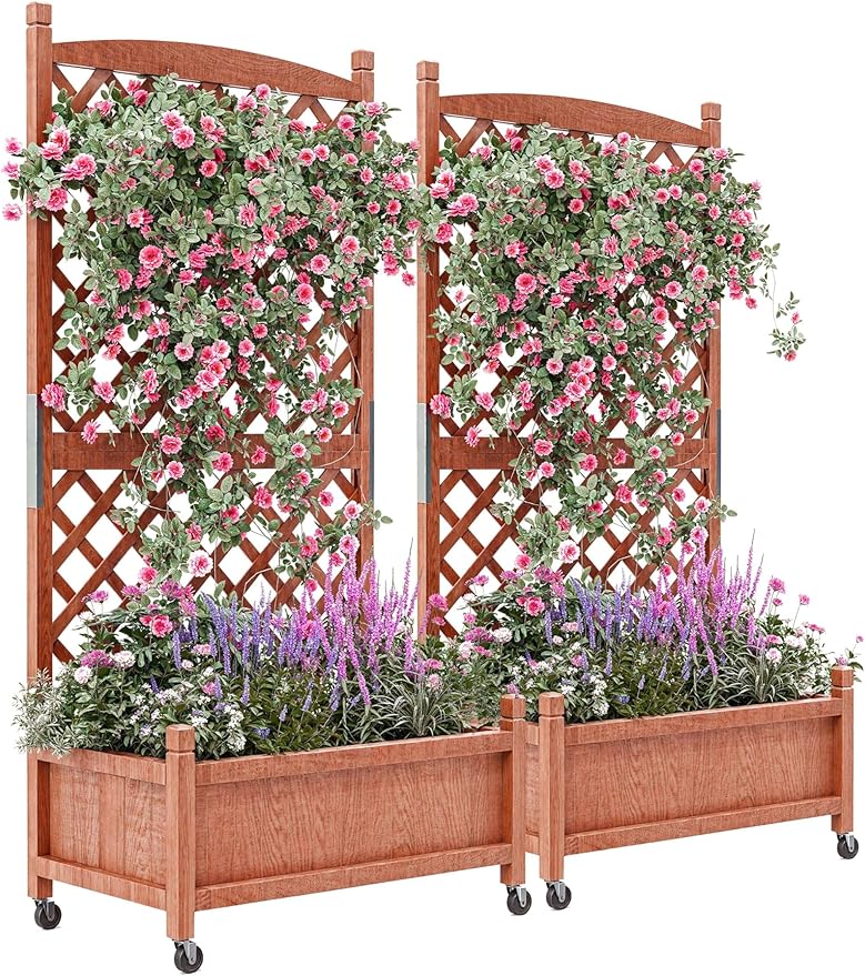 GarveeLife 2-Pack Tall Wood Planter Box with Trellis, 61.5" H Raised Garden Bed on Wheels, Vertical Stand Planter with Drainage Holes for Patio, Balcony & Outdoor Garden GarveeLife