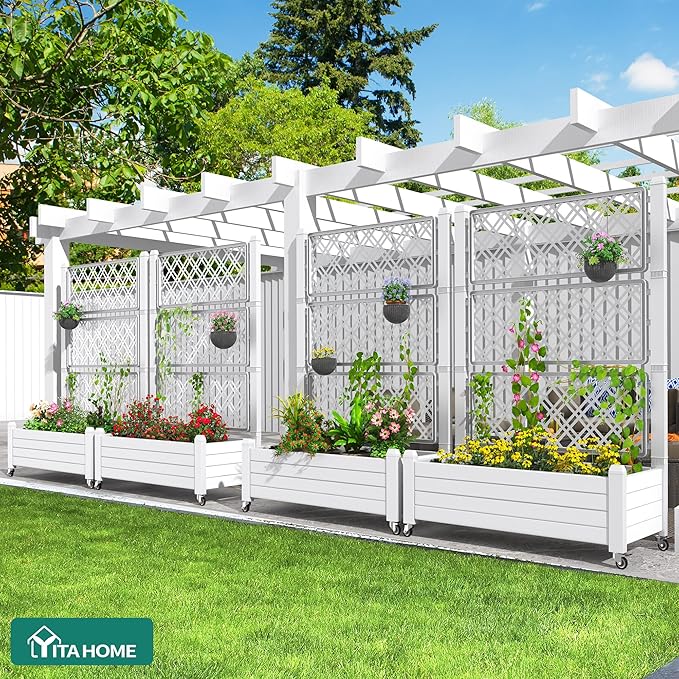 YITAHOME 43.3x17.7x61 in Planter Trellis Box with Wheels & Drain Plug, Outdoor Resin Raised Garden Bed for Climbing Plants, Large Weather-Resistant Design, Grayish-White YITAHOME