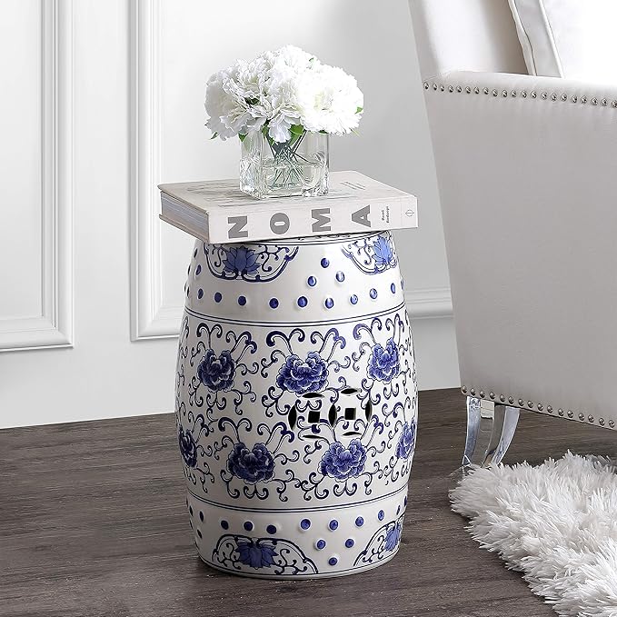 JONATHAN Y TBL1000A Lotus Flower 17.8" Chinoiserie Ceramic Drum Indoor/Outdoor Garden Stool Bohemian, Coastal, Classic, Cottage, French Country, Traditional, Bathroom, Garden Room, Patio, Blue/White JONATHANY