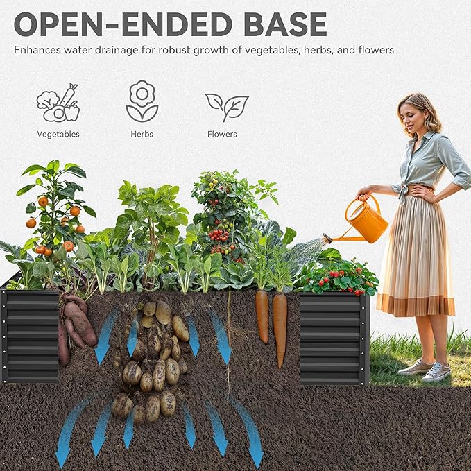 YITAHOME 96x48x24 in Galvanized Raised Garden Bed Kit, Large Metal Planter Box with Gloves, Safety Rubber & Support Rod, Outdoor Flower Bed for Plants Vegetables, Black YITAHOME
