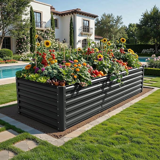 YITAHOME 6pcs 8x4x2 ft Galvanized Raised Garden Bed Kit, Large Metal Planter Box with Gloves, Safety Rubber & Support Rod, Outdoor Flower Bed for Plants Vegetables, Black YITAHOME