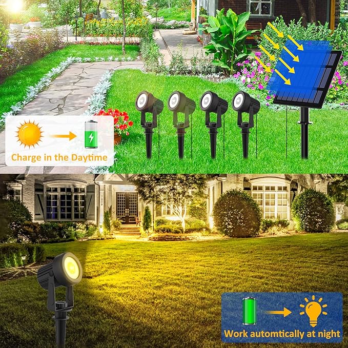 T-SUNUS Solar Christmas Spotlight Outdoor Warm White 3000K, 4-in-1 Spot Lights IP65 Waterproof 9.8ft Cable 5W Separated Panel, Auto On/Off for Garden Flag Tree Patio Yard Driveway Pathway Halloween T-SUNUSLighting