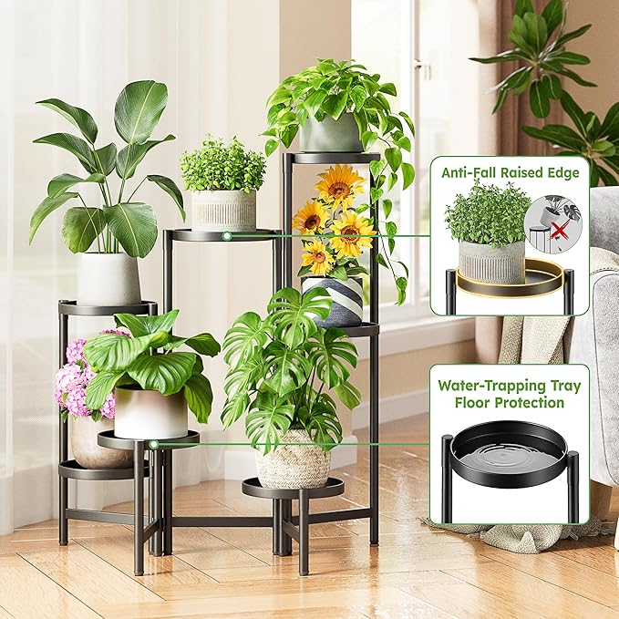 7 Tiered Metal Corner Plant Stand Indoor Outdoor, Tall Large Folding Rack with Rust Proof 7.9 Inch Wide Tray, Heavy Duty Flower Shelf for Multiple Plants for Patio - BlackDisk Rootora