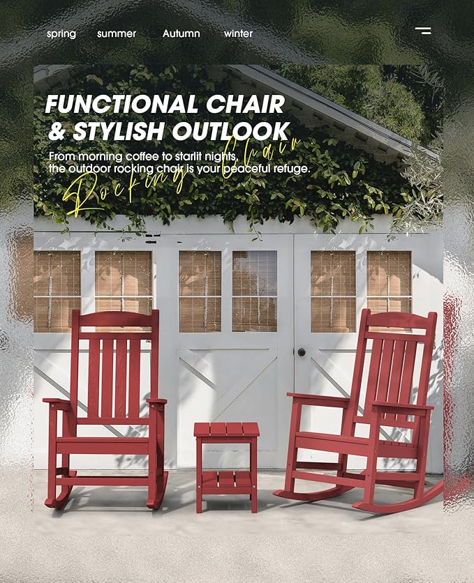 KINGYES HDPE Outdoor Rocking Chair Set of 4, All-Weather Poly Patio Rocking Chairs with 330lbs Support for Adults, Dark Red KINGYES
