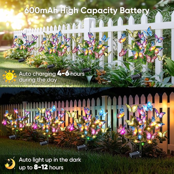 Solar Lights Outdoor Garden Decor: 8 Pack 136 Silk Butterflies with 176 Color-Changing LEDs - Auto On/Off 12H Magical Lighting IP65 Waterproof for Yard Patio Pathway - Unique Gifts for Mom Grandma NFEVER