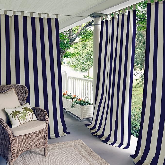 Elrene Home Fashions Highland Stripe Indoor/Outdoor Curtain Panel, 50 inches X 95 inches, Navy ElreneHomeFashions