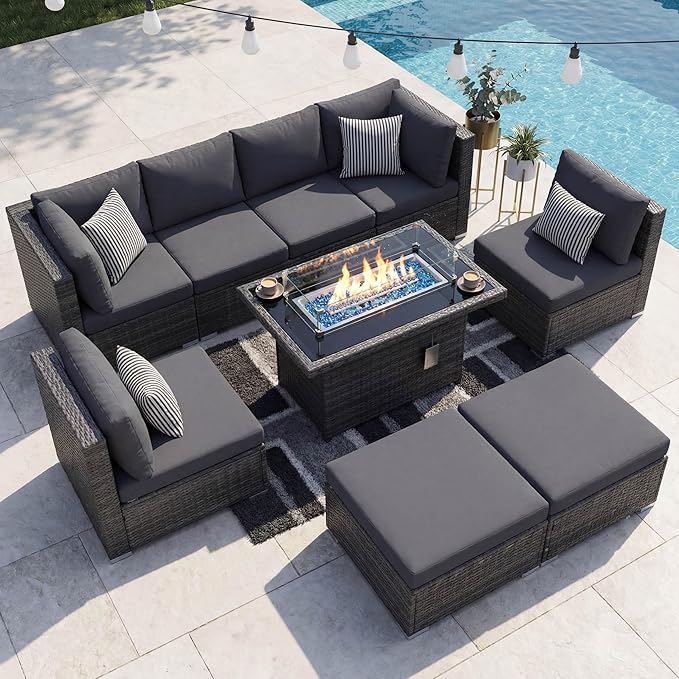 NICESOUL 8 Seater Outdoor Patio Furniture Sectional Sets with Firepits Table Natural Gas Propane, 29.3'' High Back Comfy Wicker Conversation, 9 Piece Deep Wide Modern Modular Sofa for Backyard, Grey NICESOUL