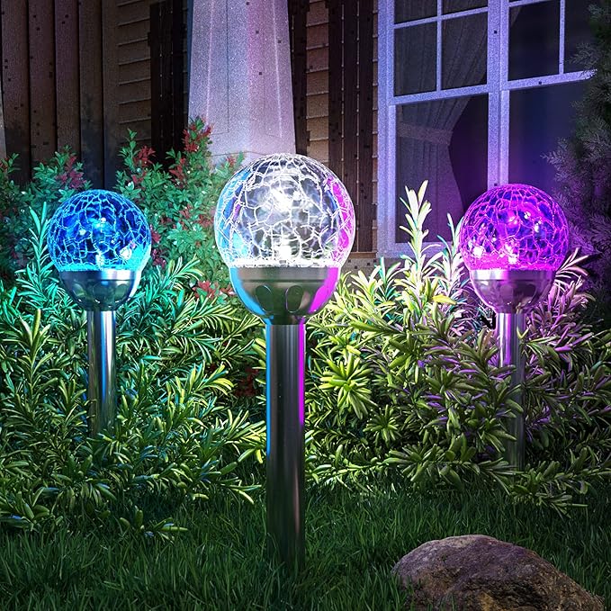 GIGALUMI Solar Outdoor, Cracked Glass Ball Solar Garden Lights, Color Changing Lights Outdoor,Garden LED for Path, Patio, Yard, 6 Pack Pathway GIGALUMI