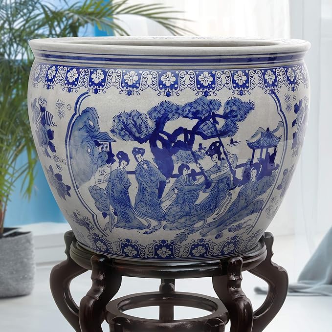 Red Lantern 12" Ladies Blue & White Porcelain Fishbowl Planter or Cachepot for Indoor/Outdoor Use in Garden Entryway Living Room Boho Eclectic Modern Contemporary Classic Traditional Style Decor RedLantern