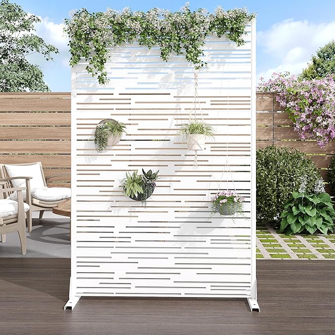 Casaphoria Metal Privacy Screen Outdoor, 72" H x 47" W Freestanding Decorative Privacy Screen for Patio Deck Balcony Garden with Stable Base, White-Shine Casaphoria