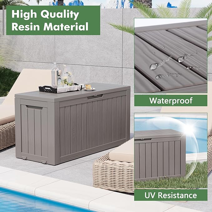 Outdoor Storage Box, Resin Deck Boxes Indoor and outdoor, Waterproof Storage Box Lockable Lid (Grey, 85 Gallon) NBYSGO