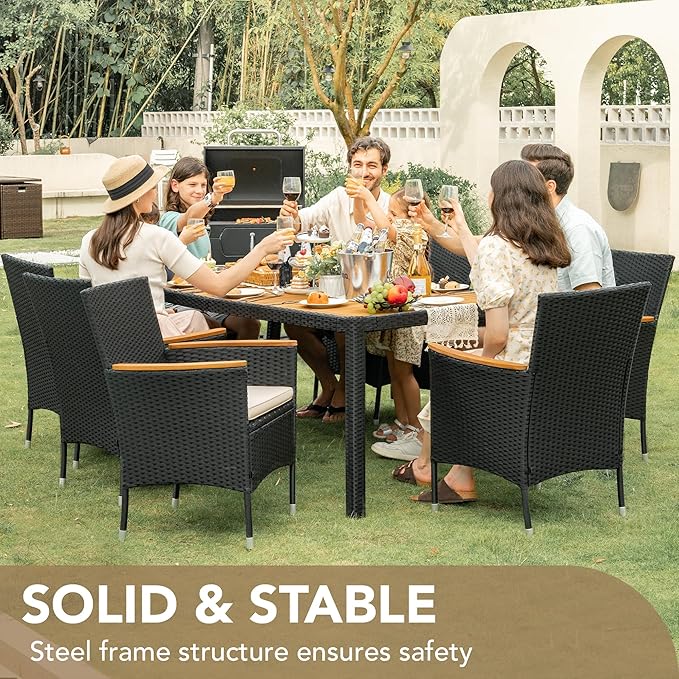 Devoko Outdoor Patio Dining Sets 9 Pieces Wicker Outdoor Dining Table and Chairs Set with Acacia Wood Table Top and Widened Armrests for Backyard, Garden, Deck (Black) DEVOKO
