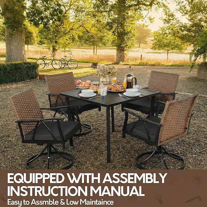 5-Piece Patio Dining Set for 4，Outdoor Dining Set with Wicker Swivel Patio Dining Chairs with Cushions & 1 Black Square Woodgrain Dining Table with 1.75”Market Umbrella Hole, Black & Brown Andehomy