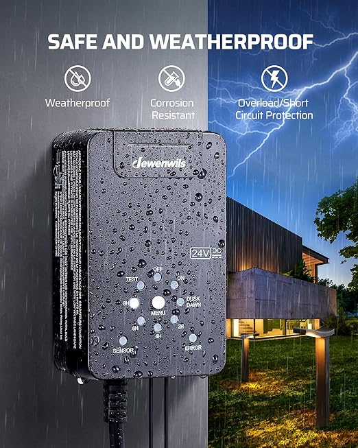 DEWENWILS 60W Low Voltage Landscape Transformer 120V AC to 24V DC, Outdoor Landscape Lighting Transformer Photocell Sensor & Timer, Weatherproof Low Voltage Transformer for Spotlights Pathway Lights DEWENWILS