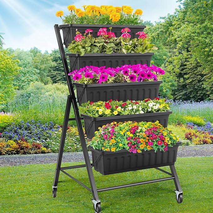 Homdox 5-Tier Elevated Garden Bed with Lockable Caster Wheels - Freestanding Vertical Raised Bed with 5 Garden Planter Boxes- Perfect to Grow Vegetables Herbs Flowers Indoor(Black) HOMDOX