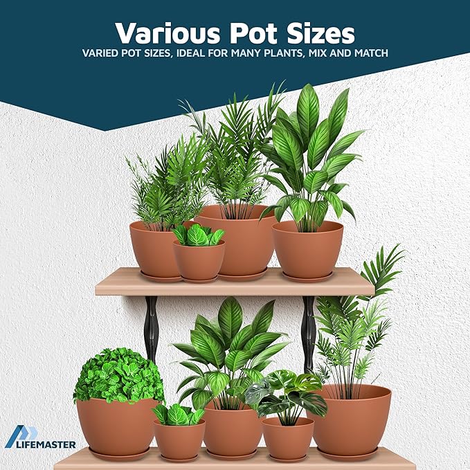 Terracotta Plant Pots with Drainage Holes & Saucers 3 Pack, Indoor & Outdoor Stackable Space-Saving Planters for Houseplants & Flowers, (7", 6.7", and 6" Inches), Durable & Weatherproof Materials LIFEMASTER