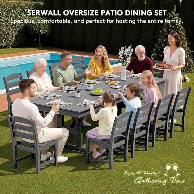 SERWALL 11 Piece Outdoor Dining Set, 84" HDPE Outdoor Table and Chairs for 10，All Weather Patio Furniture Set with Umbrella Hole for Backyard, Garden, Gray SERWALL