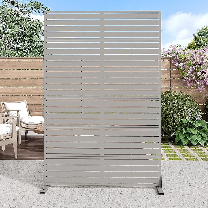 Casaphoria Metal Privacy Screen Outdoor, 72" H x 47" W Freestanding Decorative Privacy Screen for Patio Deck Balcony Garden with Stable Base, Grey-Louvered Casaphoria