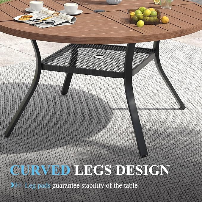 VICLLAX Patio Table and Chair Set of 6, All Weather Metal Round Outdoor Dining Furniture Set-47 Round Outdoor Table and Chairs, Walnut Wood Grain Tabletop HOME