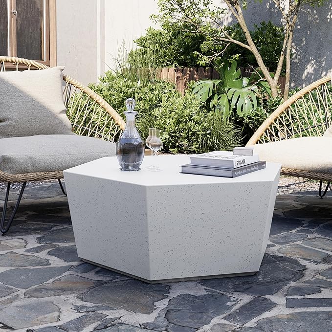 UPHA Outdoor Hexagon Coffee Table, Small Modern Minimalist Accent Tables, Low Light Concrete Center Table for Living Room, Outside Patio, Deck, 35×30.7×15, Off-White UPHA