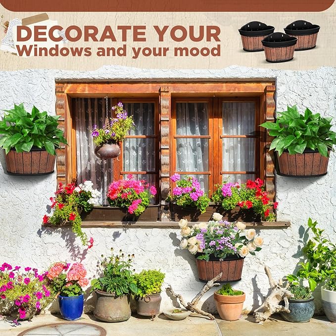 Layhit 6 Pcs Wall Hanging Planters Outdoor Pot Planter Wine Barrel Planter Distressed Oak Thickened Plastic Water Storage Flower Pots for Flower Indoor Outdoor(12 Inches,Brown) ShungLan
