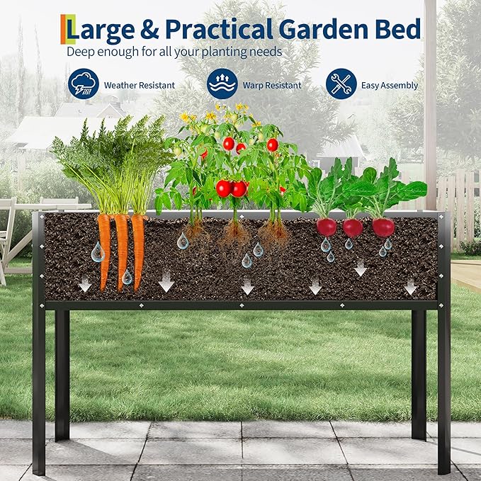 Galvanized Raised Garden Bed with Legs&Water Storage - 50×32×17 in Metal Planter Box, Outdoor Raised Garden Beds Gardening, Durable Planter Raised Beds, Sturdy Planters for Outdoor Plants (Black) GarveeLife