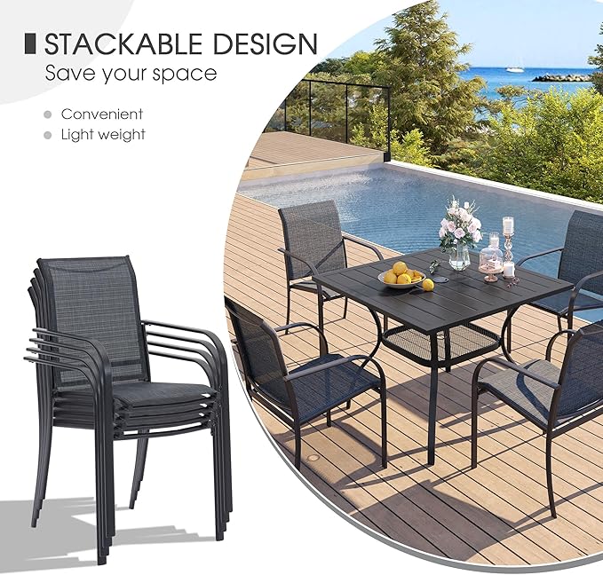 VICLLAX 3 Pieces Patio Dining Set for 2, Outdoor Furniture Set Includes 1 Small Patio Table and 2 Stackable Patio Sling Chairs, Patio Bistro Set for Outsides, Grey Wood-Like Table and Grey Chairs HOME