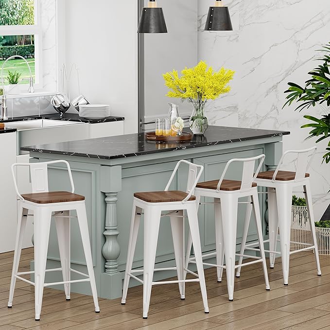 Yongchuang 24 inch Metal Bar Stools Set of 4 Counter Height Barstools Farmhouse Kitchen Bar Chairs with Wood Seat Low Back Cream White YongchuangInternational