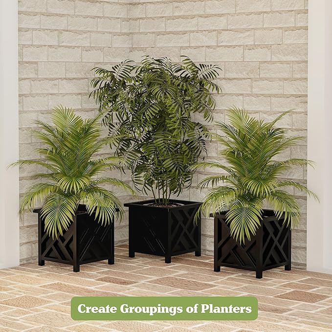 Lattice Design Outdoor Planter Box - 14.75” Square 13” Tall Black Plant Pot - Decorative Plant Pots for Front Porch Decor - Flower Pots Outdoor Planters for Porch Patio or Garden Decor by Pure Garden PureGarden