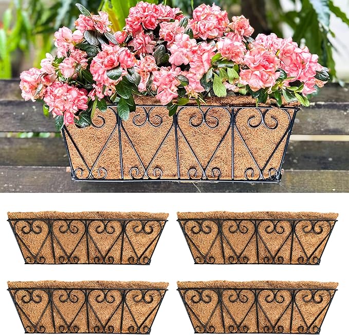 LaLaGreen Wal Planters - 4 Pack, 16 Inch Deck Railing Hanging Basket, Window Flower Boxes Outdoor Black Metal Plant Pot Holder Coco Liner Fence Planter Balcony Garden Patio Porch Farmhouse Boho Decor L%C3%A1L%C3%A1Green