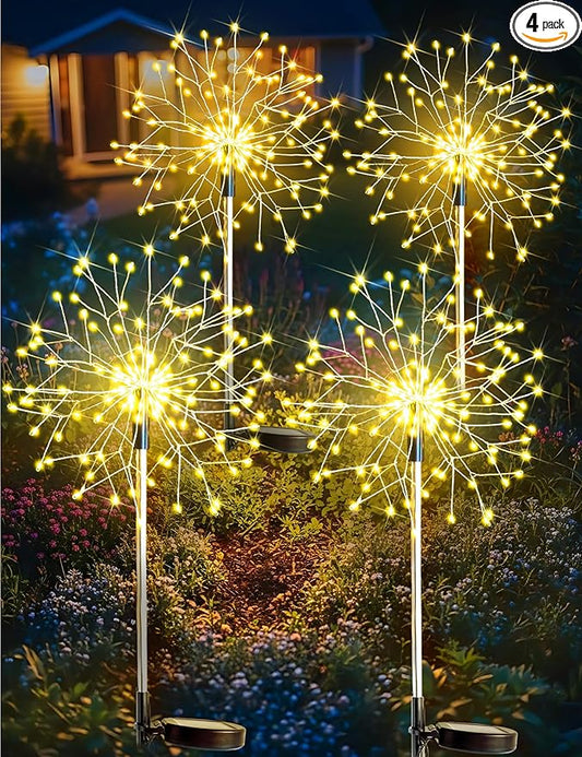 suddus Solar Garden Lights Outdoor Waterproof Decorative, 4Pack 150LED Firework Lights, Solar Fairy Lights for Yard, Garden, Party, Patio, Pathway, Flowerbed, Wedding - Warm White SUDDUS