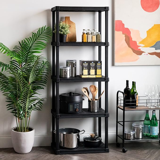 IRIS USA 5-Shelf Light Duty Plastic Storage Shelves, 250lb Capacity, 64" H x 24" W x 12" D, Medium Modular Shelving Unit Storage Organizer for Bathroom, Laundry, Garage & Home, Storage Rack - Black IRISUSA