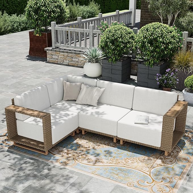 HERA'S HOUSE Patio Furniture Set, 4 Pieces Sectional Outdoor Rattan Wicker Sofa, All Weather Patio Conversation Set with 10" Ultra Thick Comfy Sponge Cushion,5.3" Widened Armrest,Patio Couch HERASHOUSE