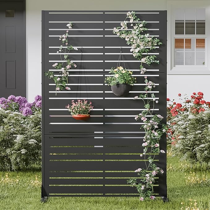 Casaphoria Metal Privacy Screen Outdoor, 72" H x 47" W Freestanding Decorative Privacy Screen for Patio Deck Balcony Garden with Stable Base, Black-Benjamin Casaphoria