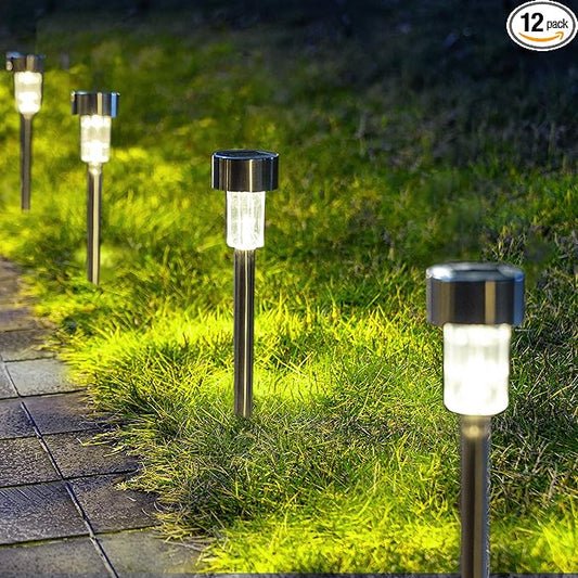 GIGALUMI Solar Pathway Lights, Stainless Steel IP44 Waterproof Auto On/Off Outdoor LED Solar Landscape Lights for Garden, Yard, Patio, Path and Walkway(12 Pack, Cold White) GIGALUMI