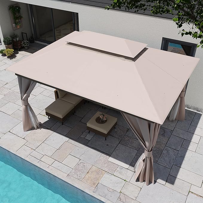 LAUSAINT HOME Semi-Permanent Outdoor Patio Gazebo 10'x13', Heavy Duty Party Tent Shelter with Double Roofs, Mosquito Nettings and Privacy Screens for Backyard, Garden, Lawn, Khaki LAUSAINTHOME