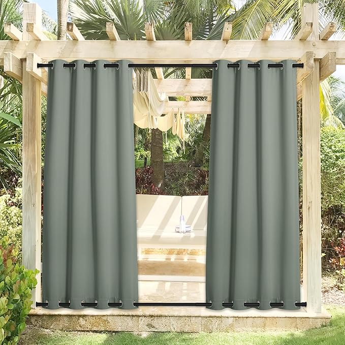 NICETOWN Windproof Sage Green Outdoor Curtains 2 Panels Top and Bottom Grommet for Patio Waterproof, Fixed Outdoor Blinds Keep Warm & Privacy Thermal Insulated Blackout Drapes for Cabana, W52 x L84 NICETOWN