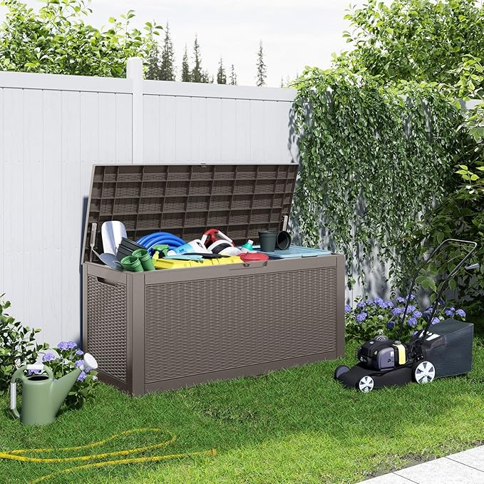 120 Gallon Outdoor Deck Box, Lockable Waterproof Outdoor Storage Boxes For Garden Tools,Indoor Cushions,Accessories Outside Storage Resin Weatherproof Container(Grey) MAIUSCOLI