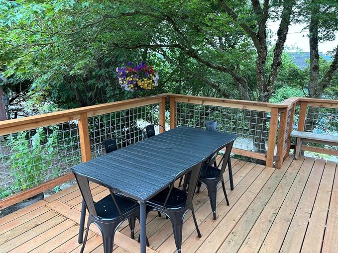 70" Patio Outdoor Dining Table for 6, Weather-Resistant Aluminum Frame with Wood-Grain Top & Umbrella Hole for Deck Gatherings, Black VredHom