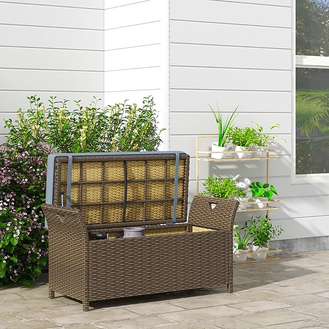 Outsunny 29 Gallon Patio Wicker Storage Bench, Outdoor PE Rattan Patio Furniture, 2-in-1 Large Capacity Rectangle Garden Storage Box with Handles and Cushion, Dark Blue Outsunny