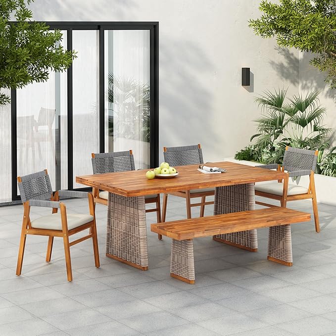 Christopher Knight Home Pasco Acacia Wood Outdoor Dining Table Set for 6, Wicker Patio Dining Set with Acacia Wood Table and Bench, Patio Table and Chair Set with Cushion+Rope Backrest,Brown+Teak+Grey ChristopherKnightHome