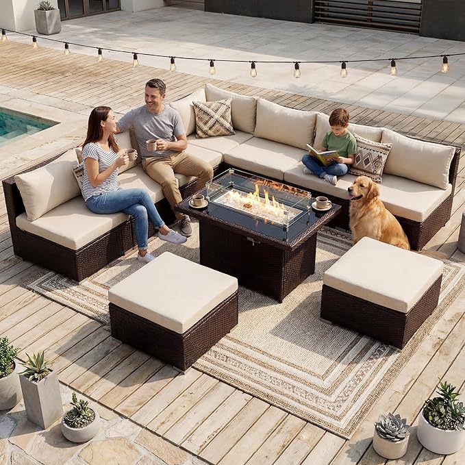 NICESOUL 10 Piece Patio Furniture Sectional Set with Fire Pit Propane/Natural Gas Convertible, 29.3'' High Back Deep Wide Outdoor Couch, 9 Seater Oversized High-End Wicker Conversation Sofas, Brown NICESOUL