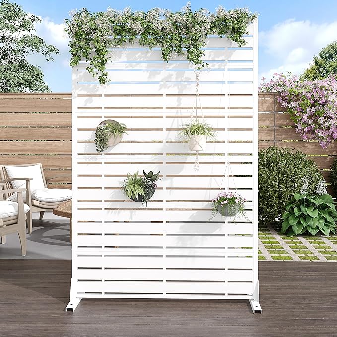 Casaphoria 72" H x 47" W Metal Privacy Screen, Outdoor Freestanding Decorative Divider for Patio, Deck, Balcony, and Garden with Stable Base, White-Adams Casaphoria