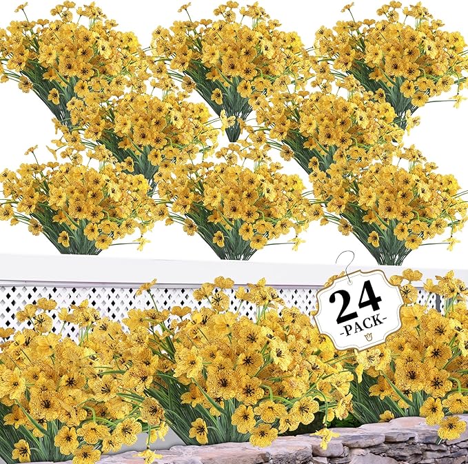 24 Yellow Bundles Artificial Flowers for Outdoors/Indoors Fake Flowers Plants for Indoor Outside Garden Porch Window Box Home Wedding Farmhouse ColoPlay