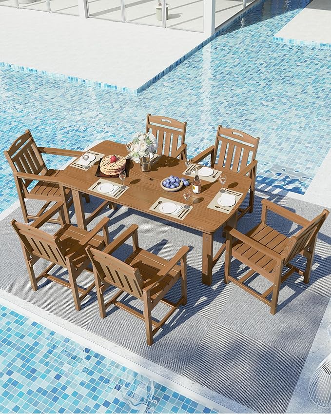 Ciokea HDPE Outdoor Dining Set, 7-Piece Patio Table and Chairs Set with Umbrella Hole, All-Weather Patio Dining Sets for 6, Durable Patio Furniture for Backyard, Garden, Lawn & Poolside, Teak CIOKEA