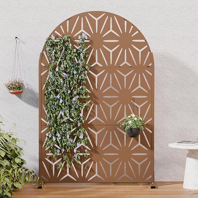 Casaphoria Metal Privacy Screen Outdoor, 72" H x 47" W Arched Freestanding Decorative Privacy Screen for Patio Deck Balcony Garden with Stable Base, Brown-Star Casaphoria