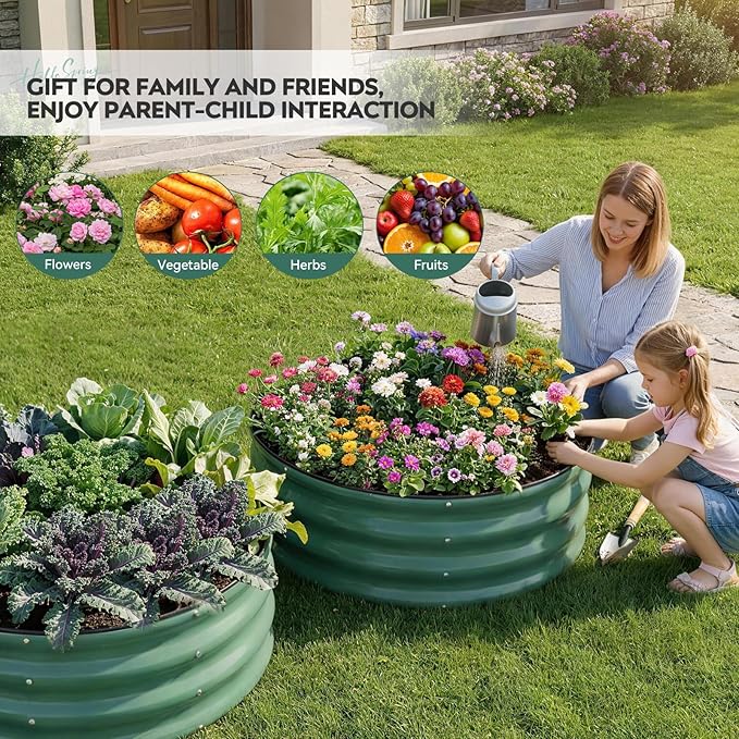 ZORMY Galvanized Raised Garden Bed Outdoor, Round Metal Planter Boxes 2 Pcs, 3x3x1ft Steel Raised Bed Kit for Planting Vegetables, Fruits, Flowers(LotusGreen) ZORMY