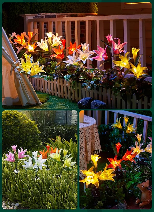 Brightown Solar Lights Outdoor, 4 Pack Solar Garden Lights with Larger & More Realistic Lily Flowers, Waterproof Outdoor Solar Lights for Yard Patio Lawn Pot Decoration Brightown