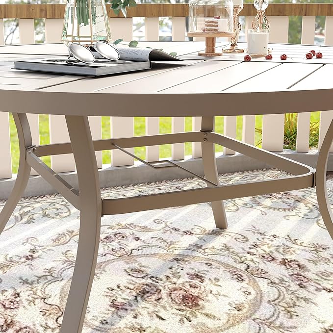 VICLLAX 63" Outdoor Round Patio Table with Umbrella Hole, All Weather Metal Round Outdoor Dining Table for Lawn Garden, 8-10 Person Table, Sandshell HOME