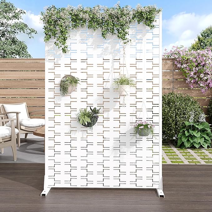 Casaphoria Metal Privacy Screen Outdoor, 72" H x 47" W Freestanding Decorative Privacy Screen for Patio Deck Balcony Garden with Stable Base, White-Brick Casaphoria